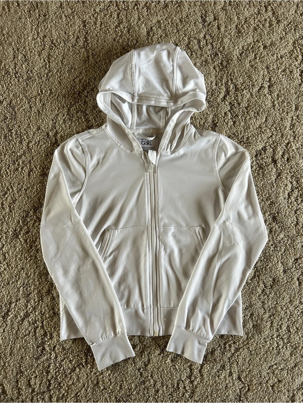 Athleta Girl Sunny Days white hooded zip-up with thumb holes, L/12.